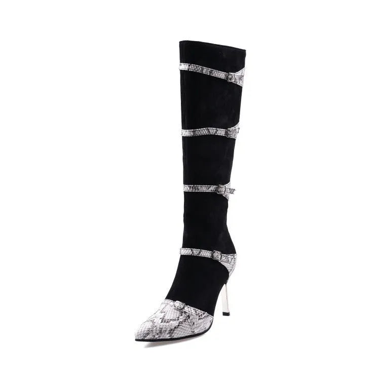 Women's grey knee-high stiletto boots with a 9cm heel and velvet lining.