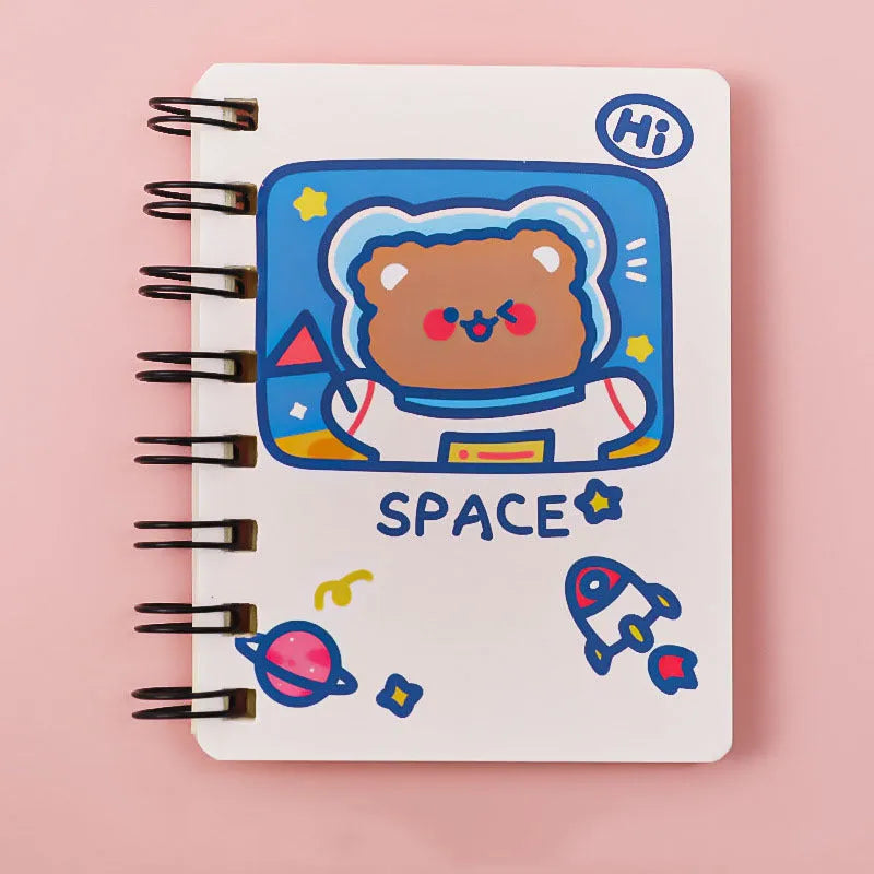 Astronaut series pocket notebook in 10.5cm by 8cm size, showing cover options: Astronaut Bear, Planet Teddy, Space Cat, UFO.