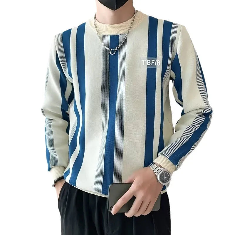 Blue and white contrast stripe long-sleeved pullover sweater, loose fit knitwear with V-neck.