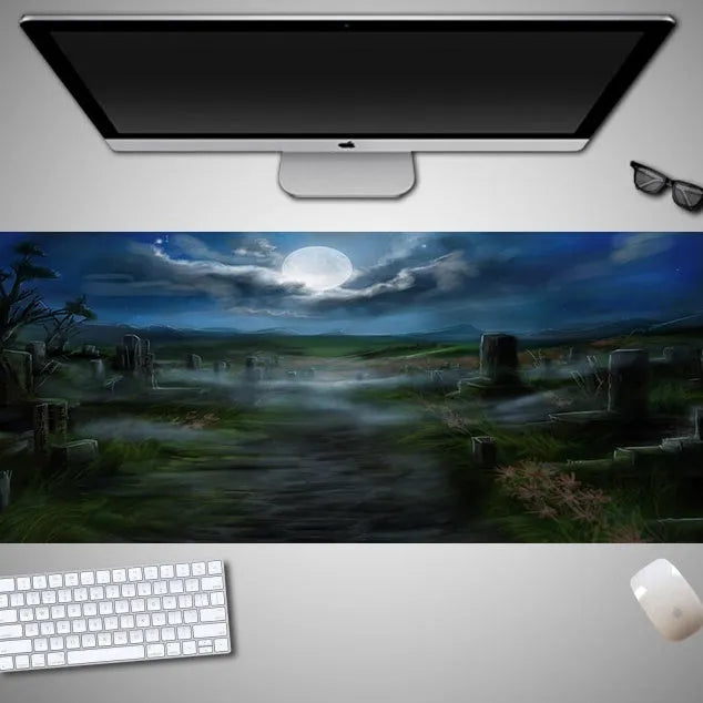 Oversized Halloween pattern rubber cloth mouse pad on a desk with non-slip base.