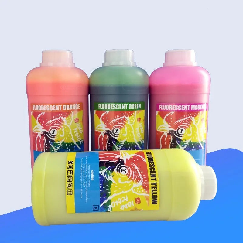 Fluorescent sublimation ink bottles for PET film printing in red, yellow, orange, and green colours