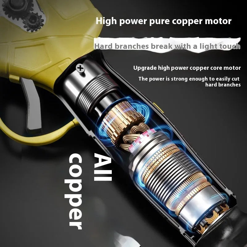 Wireless electric pruning knife with brushless motor, two lithium batteries, and storage box