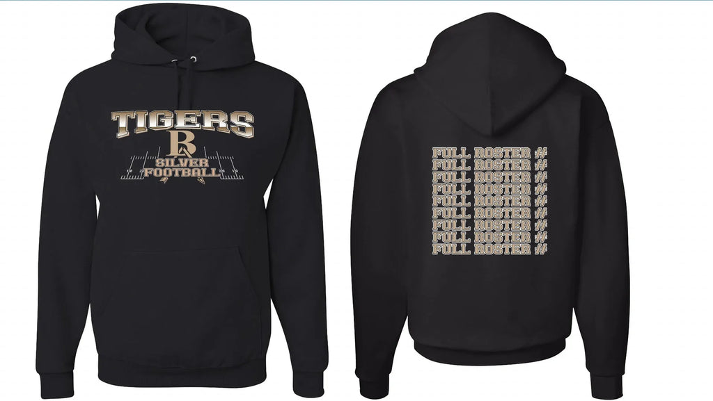 Black drop-shoulder sleeve pullover hoodie on a hanger