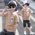 Boys summer cotton short-sleeved suit set with cartoon pattern in khaki, pullover design, sizes 110-160cm