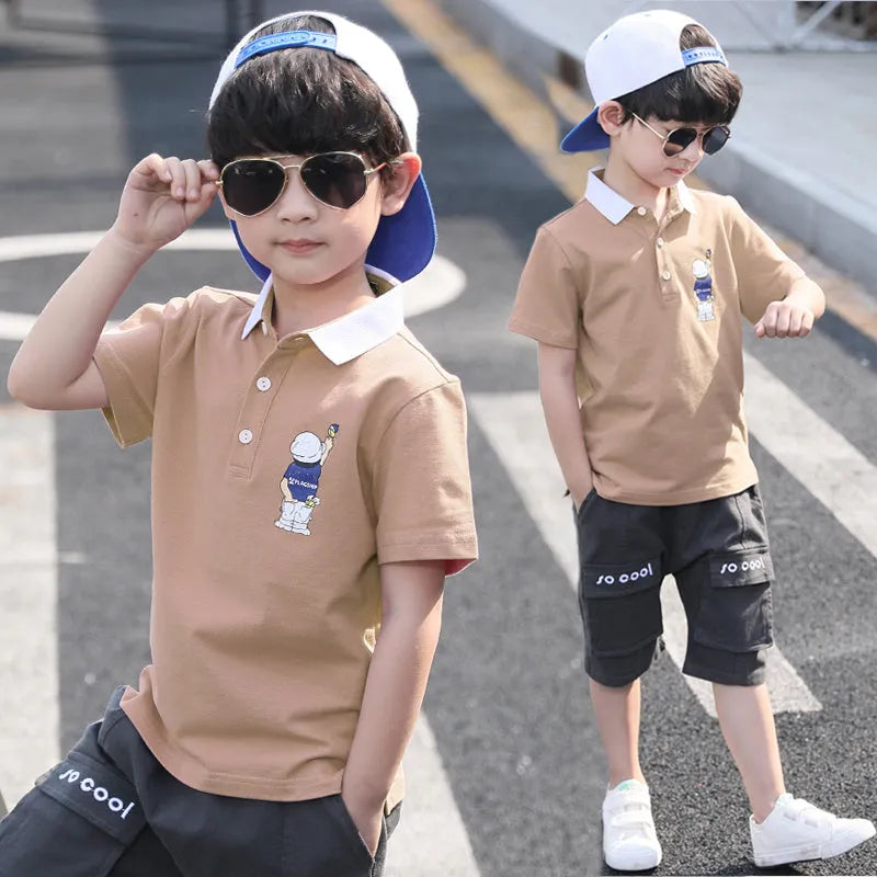 Boys summer cotton short-sleeved suit set with cartoon pattern in khaki, pullover design, sizes 110-160cm
