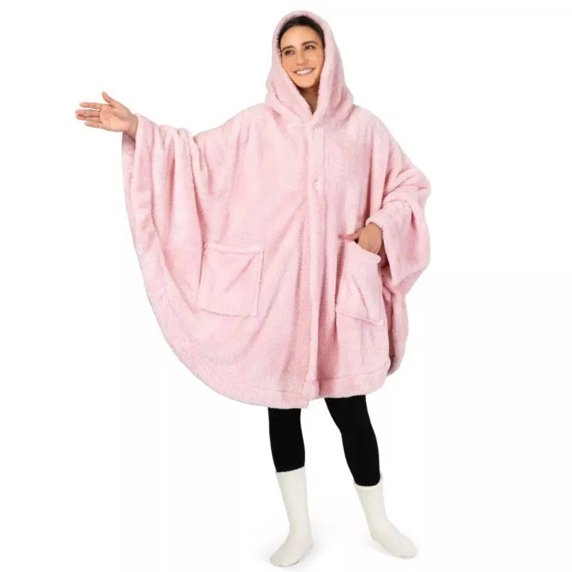 A thick hooded bathrobe in dark grey, shown hanging, with long sleeves and a cardigan front.