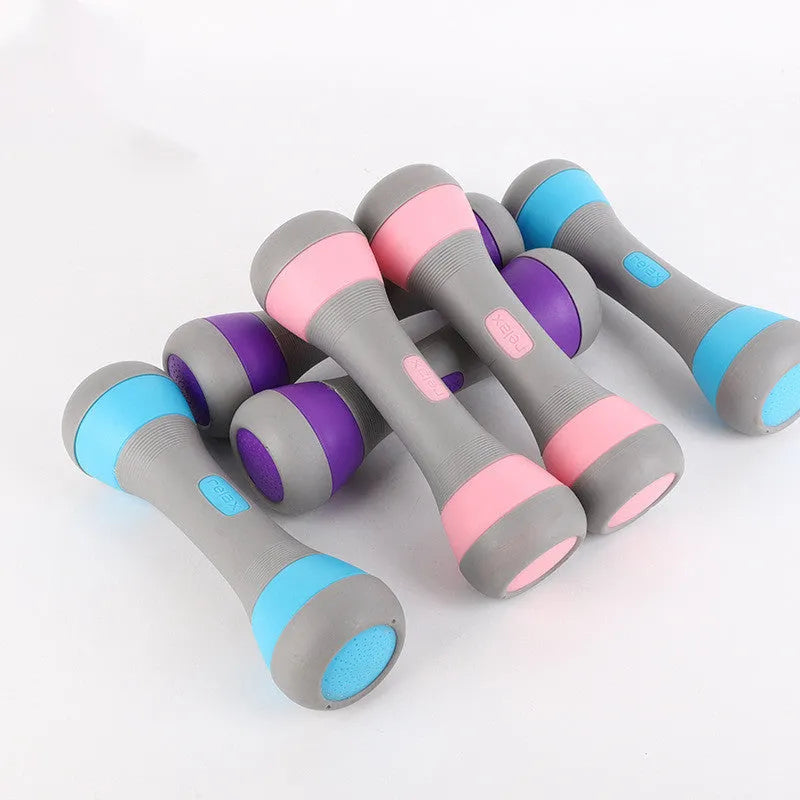 Pair of 2kg small dumbbells with steel core and TPR cover, approximately 24.2cm long, in pink, purple or blue