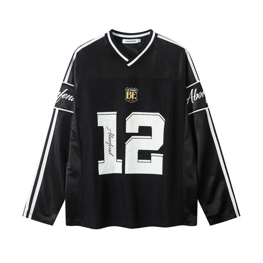 Men's digital printed long-sleeved V-neck jersey top in black with contrast pattern