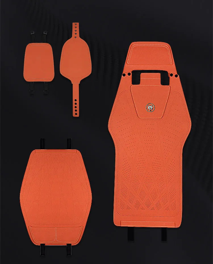 Ultra thin genuine fur tailored car seat cover in Hermes orange colour showing gradient hole design.