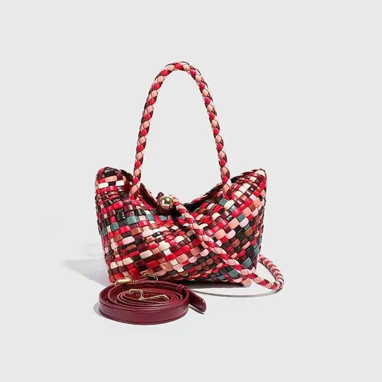 Women's woven shoulder bag with textured pattern in PU leather, showing 18×11×14cm dimensions