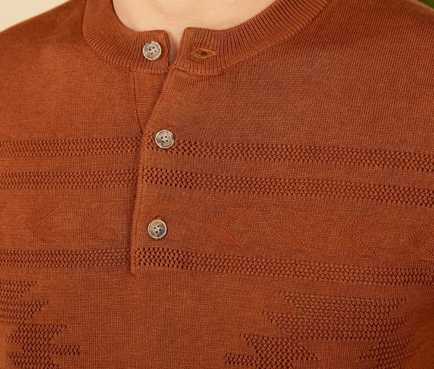 Knitted Henley shirt in denim blue, American retro slim-fit short sleeve, cotton Lyocell blend, front view