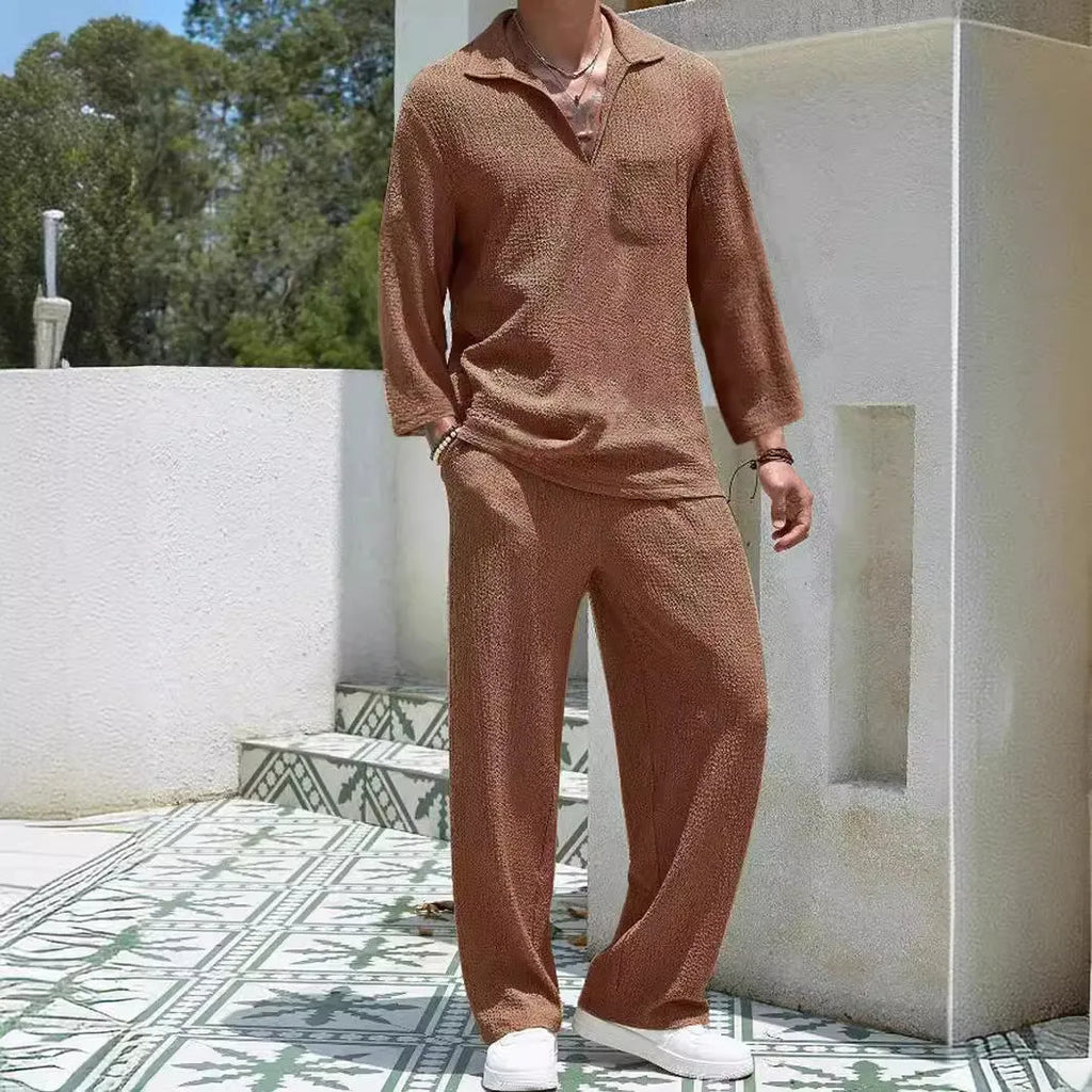Men's casual shirt trousers suit set in polyester fabric for autumn commuting and leisure wear