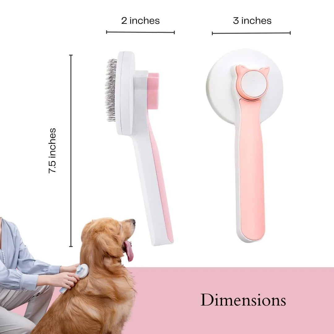 Self-cleaning slicker brush for dogs and cats with blue rubber handle and stainless steel pins