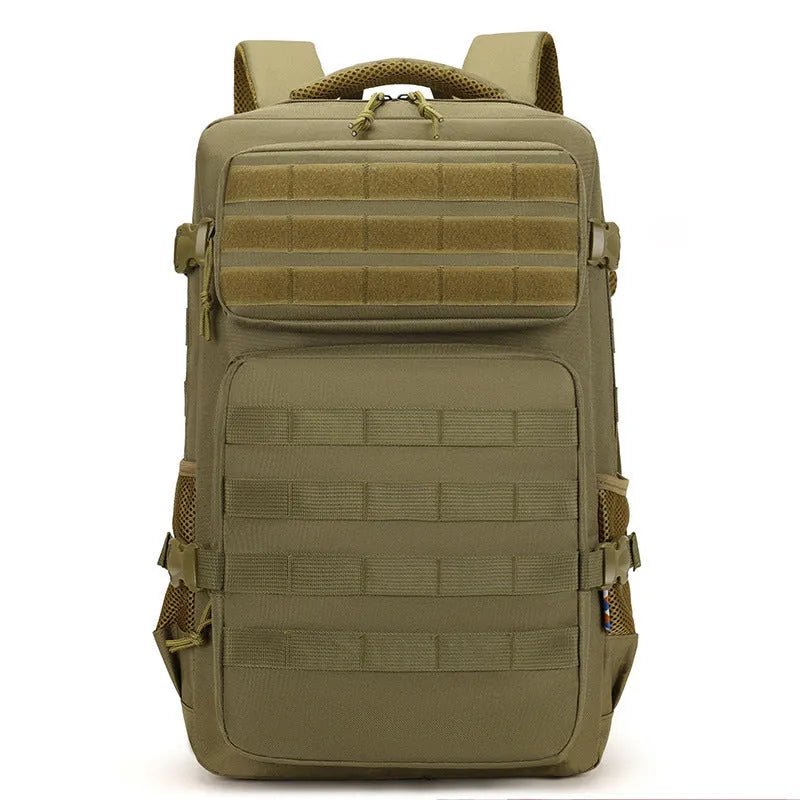 Outdoor mountaineering backpack in camouflage colour with curved shoulder straps and multiple compartments