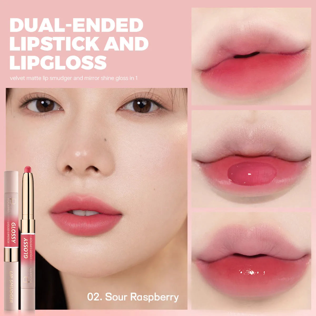 Double-headed matte lipstick showing ten colour options from 01 to 10 shades