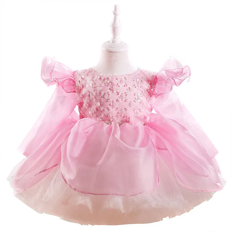 Children flounced sleeve pettiskirt birthday dress in pink polyester fibre for girls 80-160cm