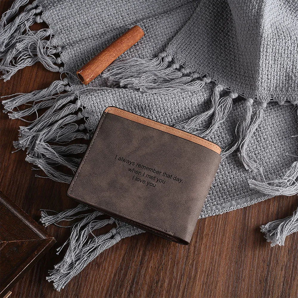 Coffee-coloured engraved horizontal PU leather wallet with personalisation, shown closed.