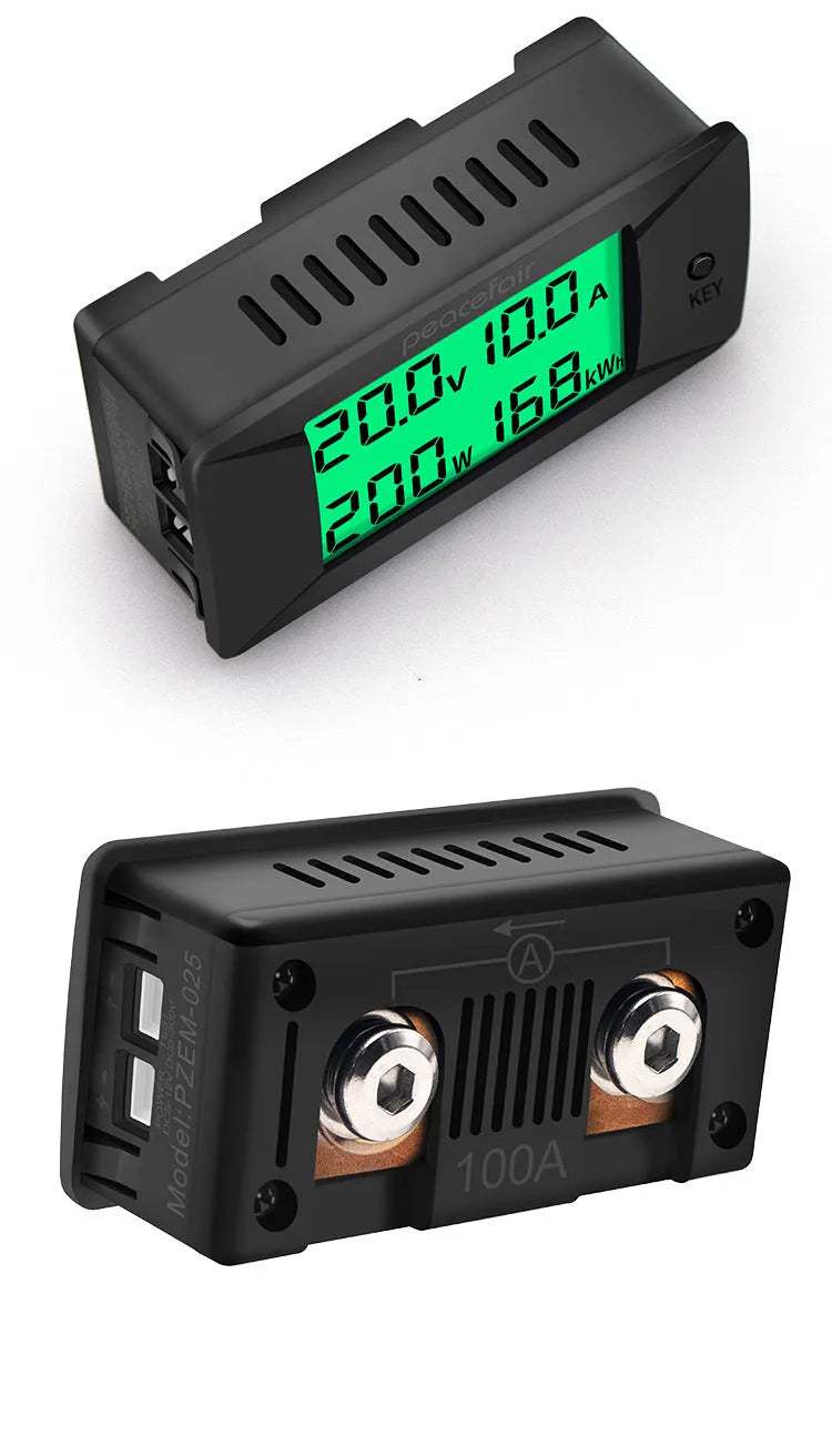 DC digital display voltmeter and ammeter with wiring, compact black housing.