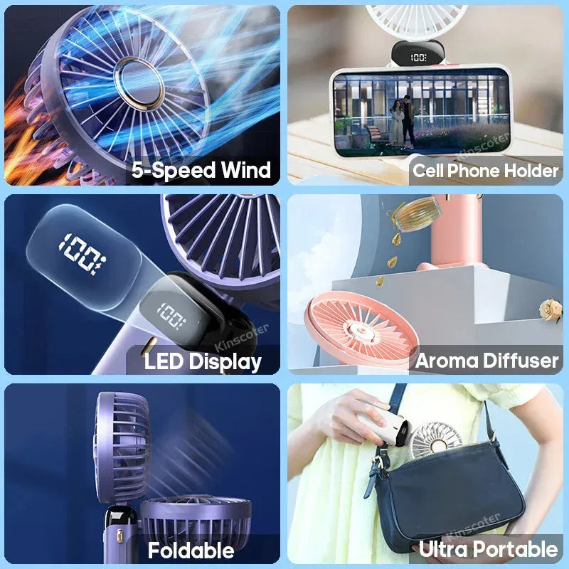 Blue USB rechargeable portable handheld fan shown in neck, desk, and handheld modes with digital display