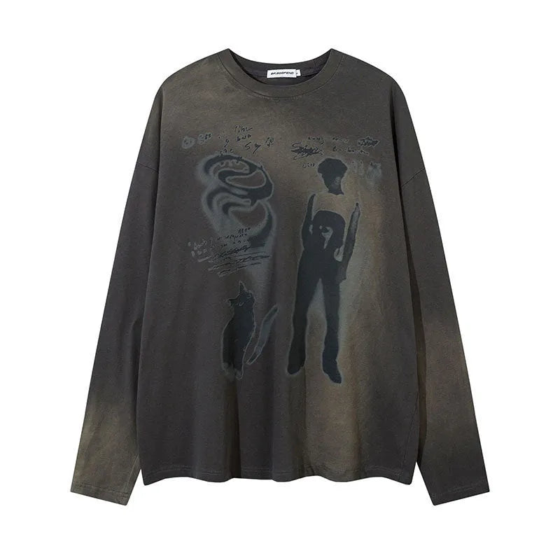 Loose fit women's cotton top with drop-shoulder sleeves and letter pattern in dark grey