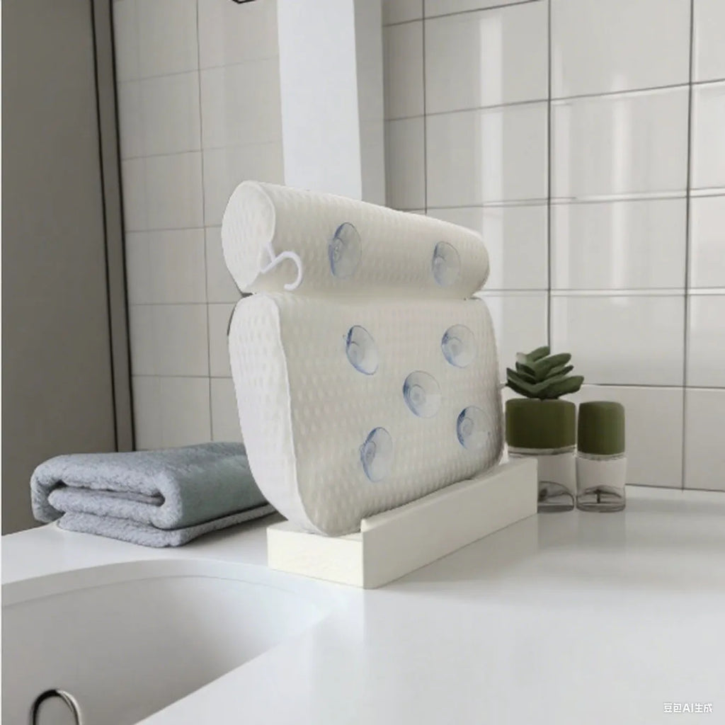 White luxury bathtub pillow with suction cups on a 4D mesh fabric surface.