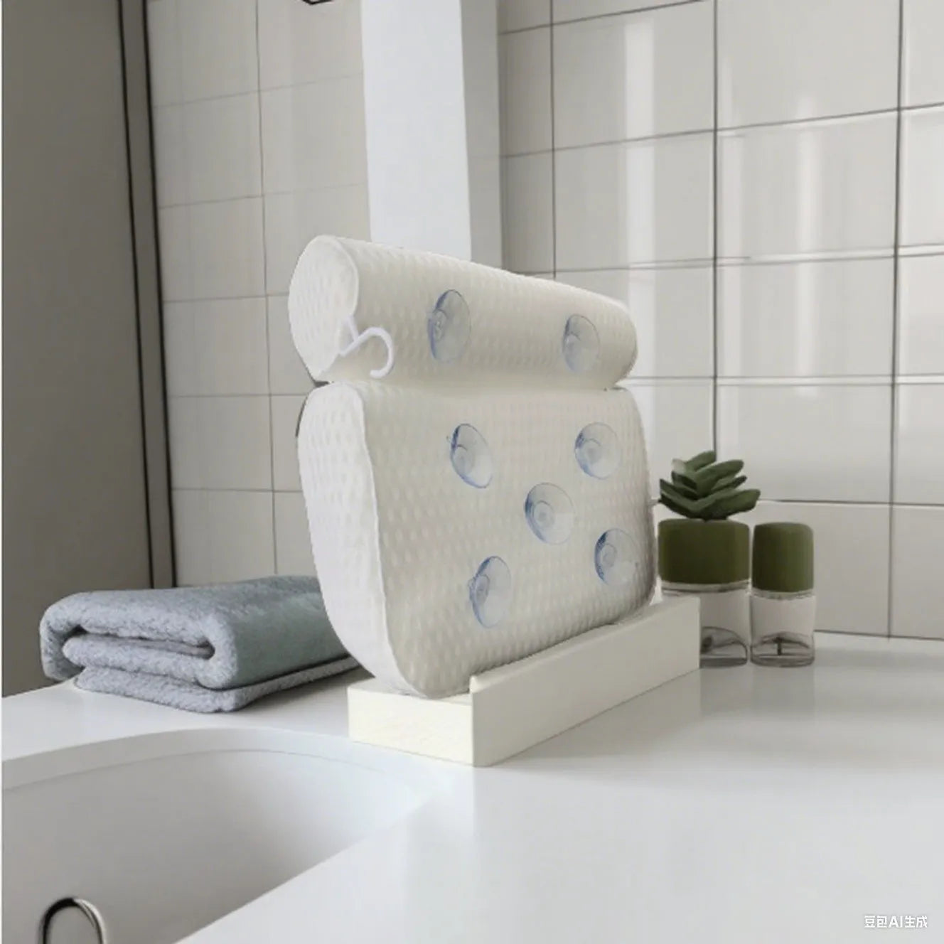 White luxury bathtub pillow with suction cups on a 4D mesh fabric surface.