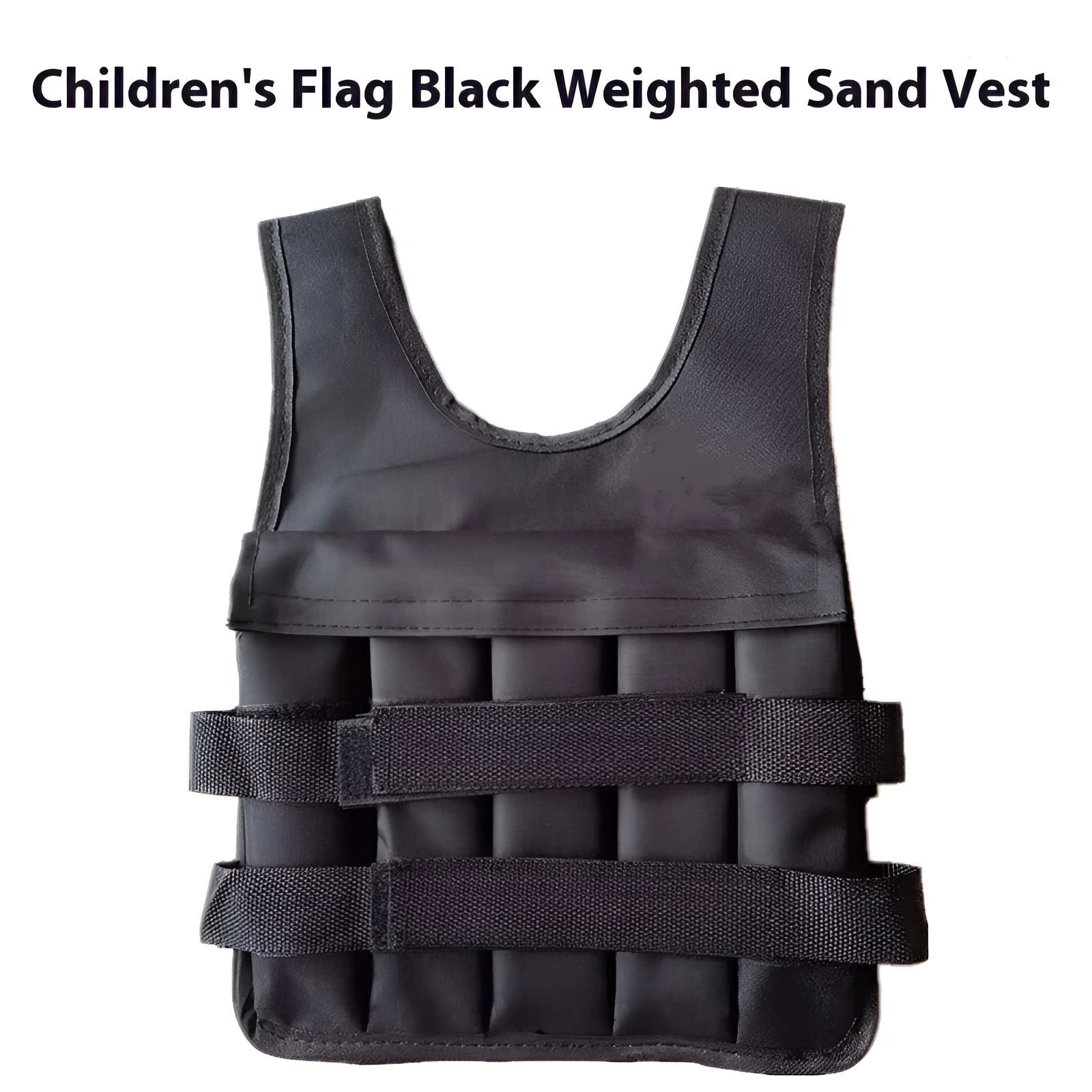 Child wearing an adjustable sand vest made from voile fabric, showing size and weight options.