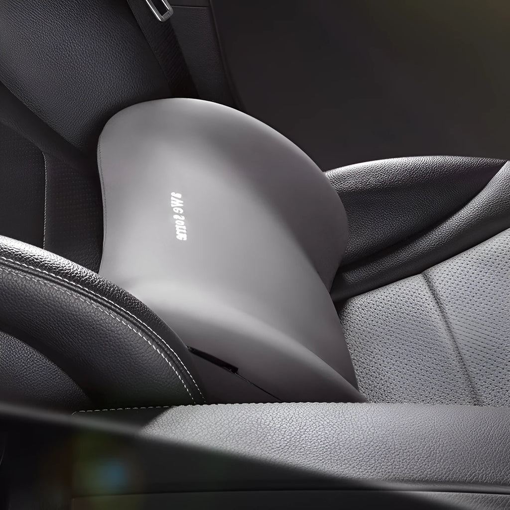 Cow head design car headrest pillow and matching lumbar support cushion set on a car seat.