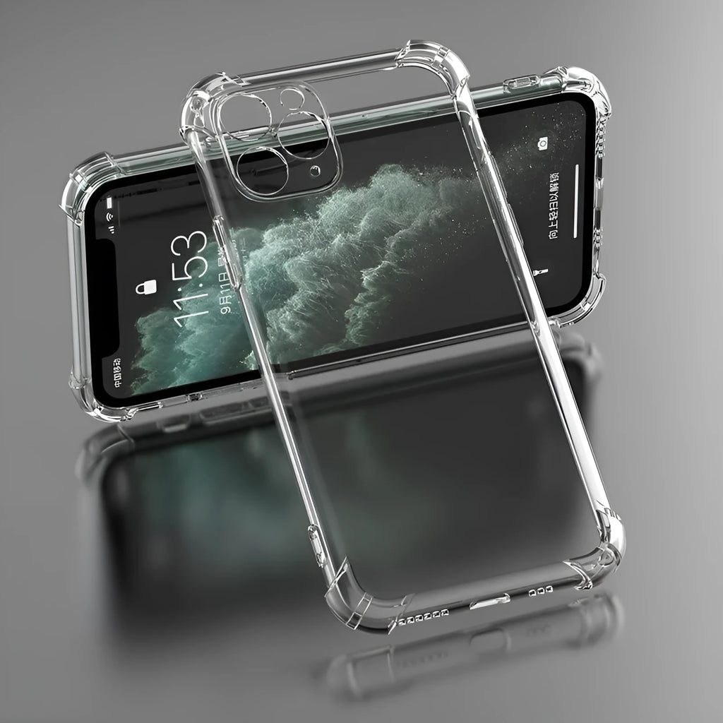 Transparent clear TPU shockproof phone case for Apple iPhone, shown on a table.