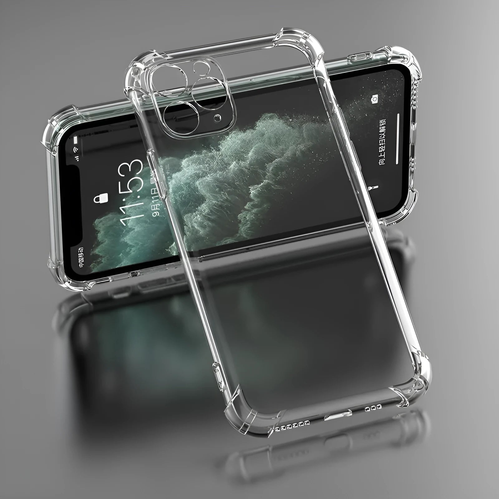 Transparent clear TPU shockproof phone case for Apple iPhone, shown on a table.