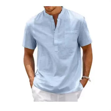 Men's solid colour loose-fit polo shirt with stand collar and short sleeves.