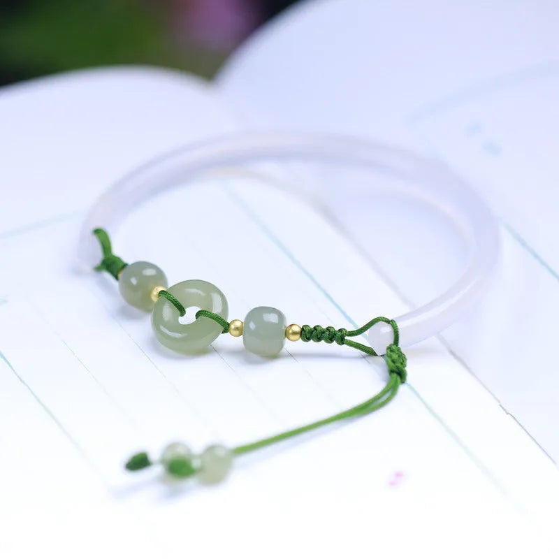 Handmade half bracelet with Hetian jade, white agate beads, and peace buckle closure