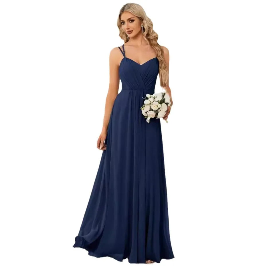 Women's sleeveless sling neckline banquet dress with long pleated A-line skirt