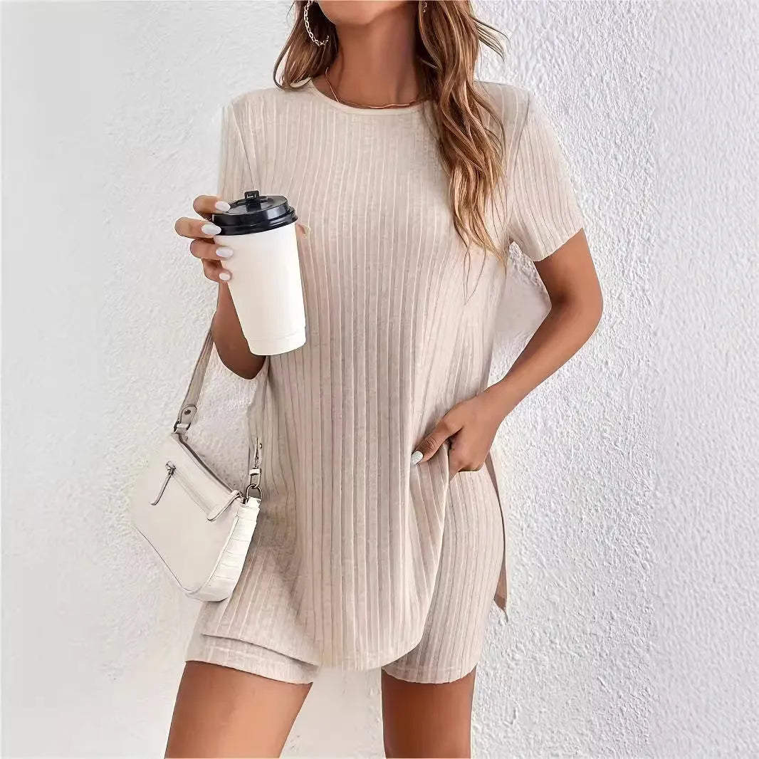 Women's black cotton crew neck short sleeve top and shorts lounge set on hanger