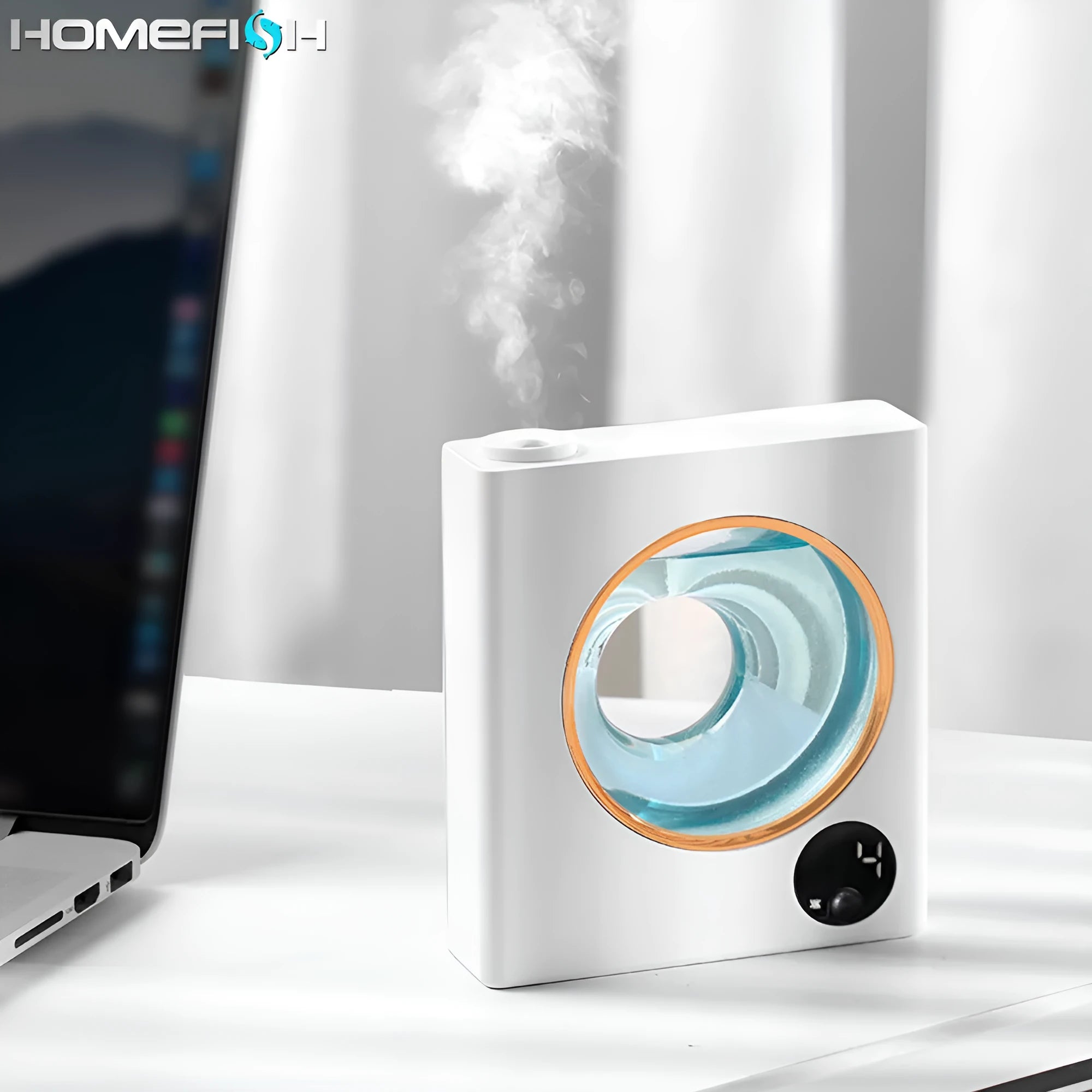 Small white wall mounted automatic aromatherapy machine with USB charging port.