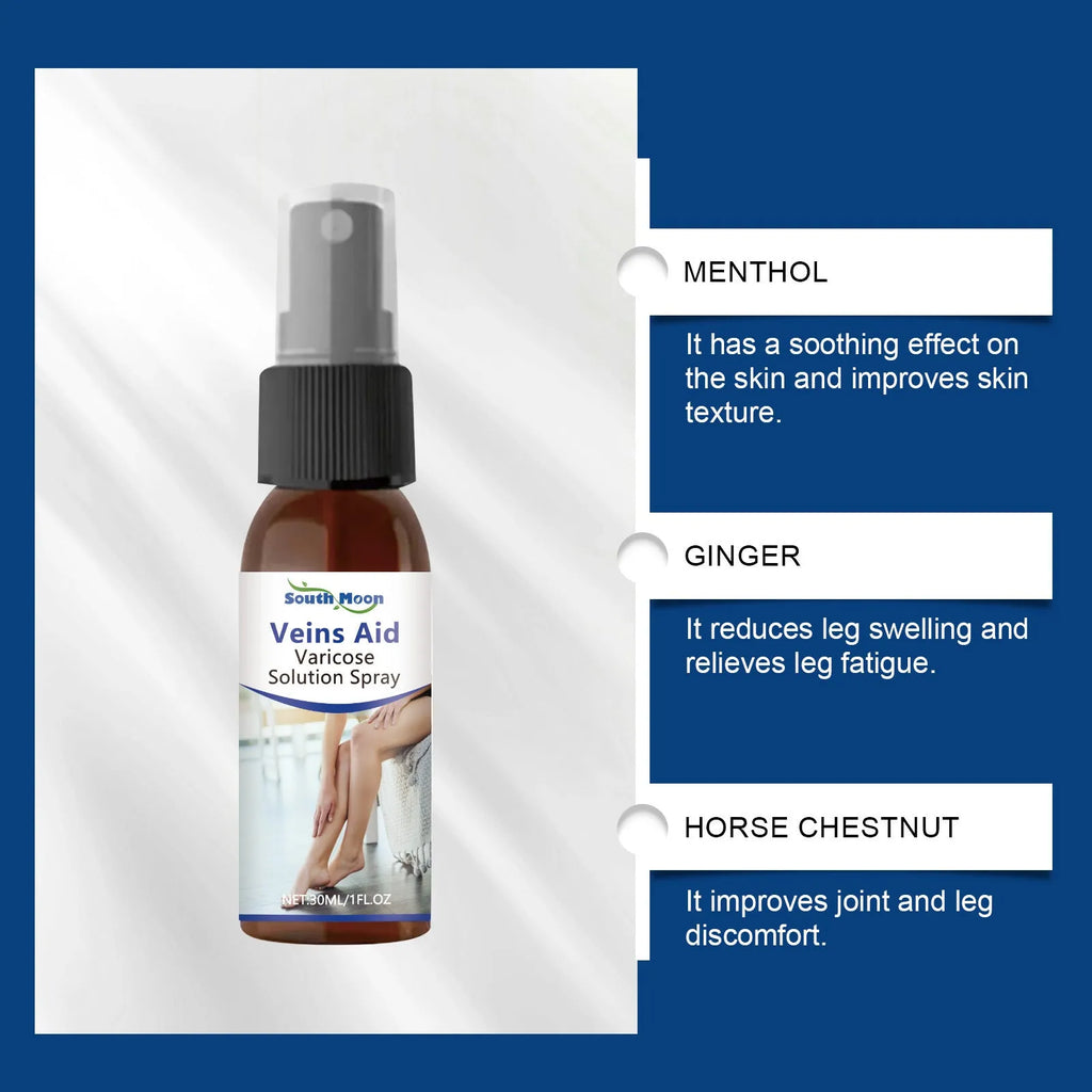 30ml bottle of leg care massage spray with menthol and ginger for tired legs.