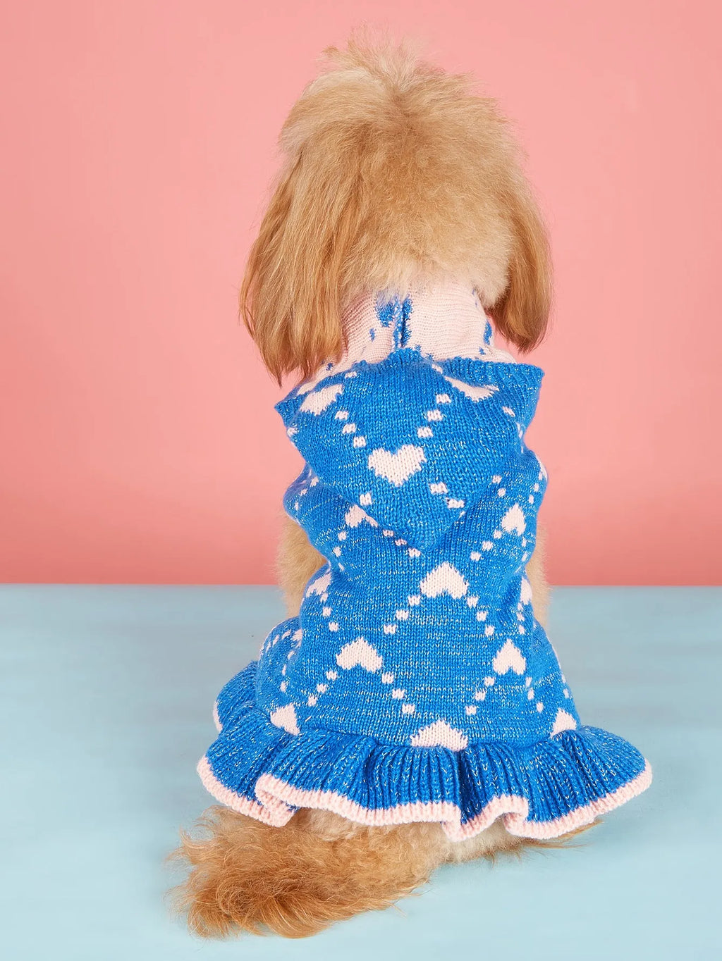 Small dog knit hoodie dress sweater with heart design in blue, gray, pink, or red, sizes XS to L