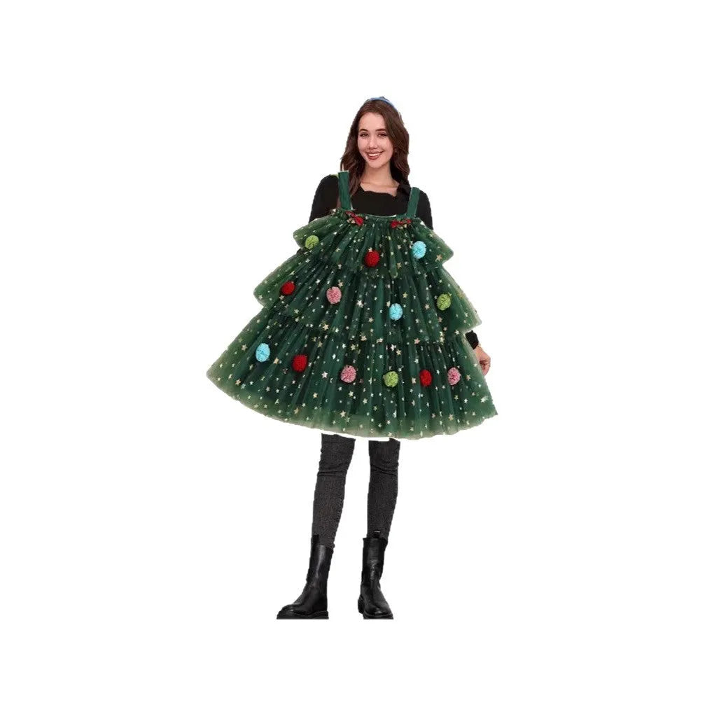 Green polka dot mesh Christmas tree decorative dress with suspender skirt and wide waist