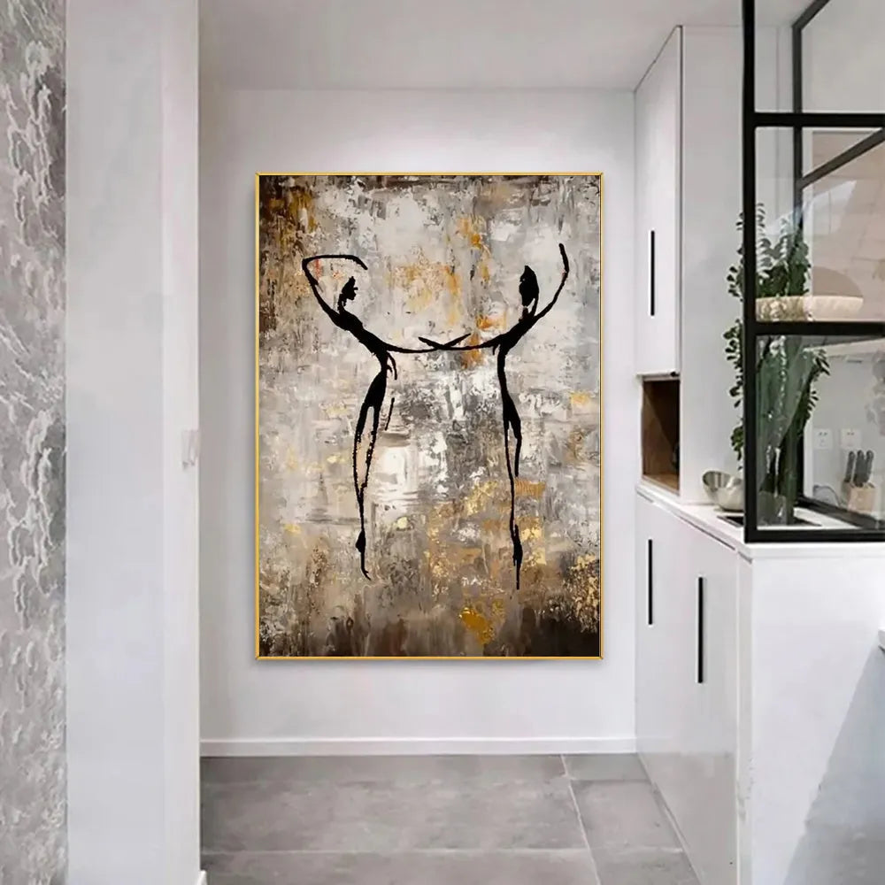 Hand-painted characters abstract oil painting on canvas, vertical unframed wall art for home rooms.