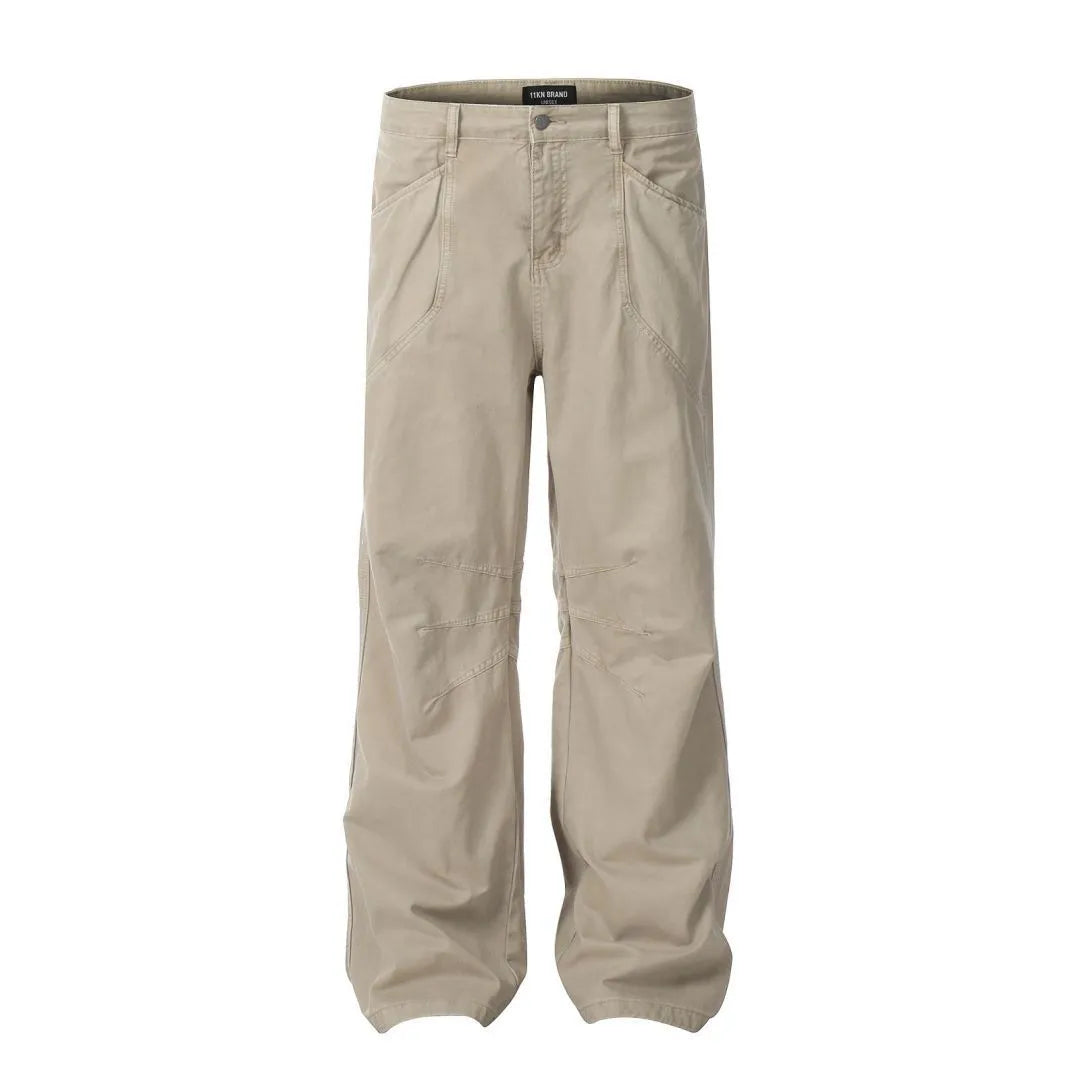Men's brown loose straight leg jeans with high waist design and zip fly closure