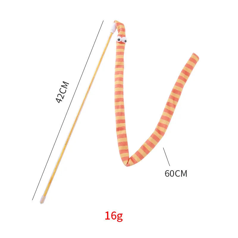 Green cat tease wand with a long plush strip and bell for interactive indoor play