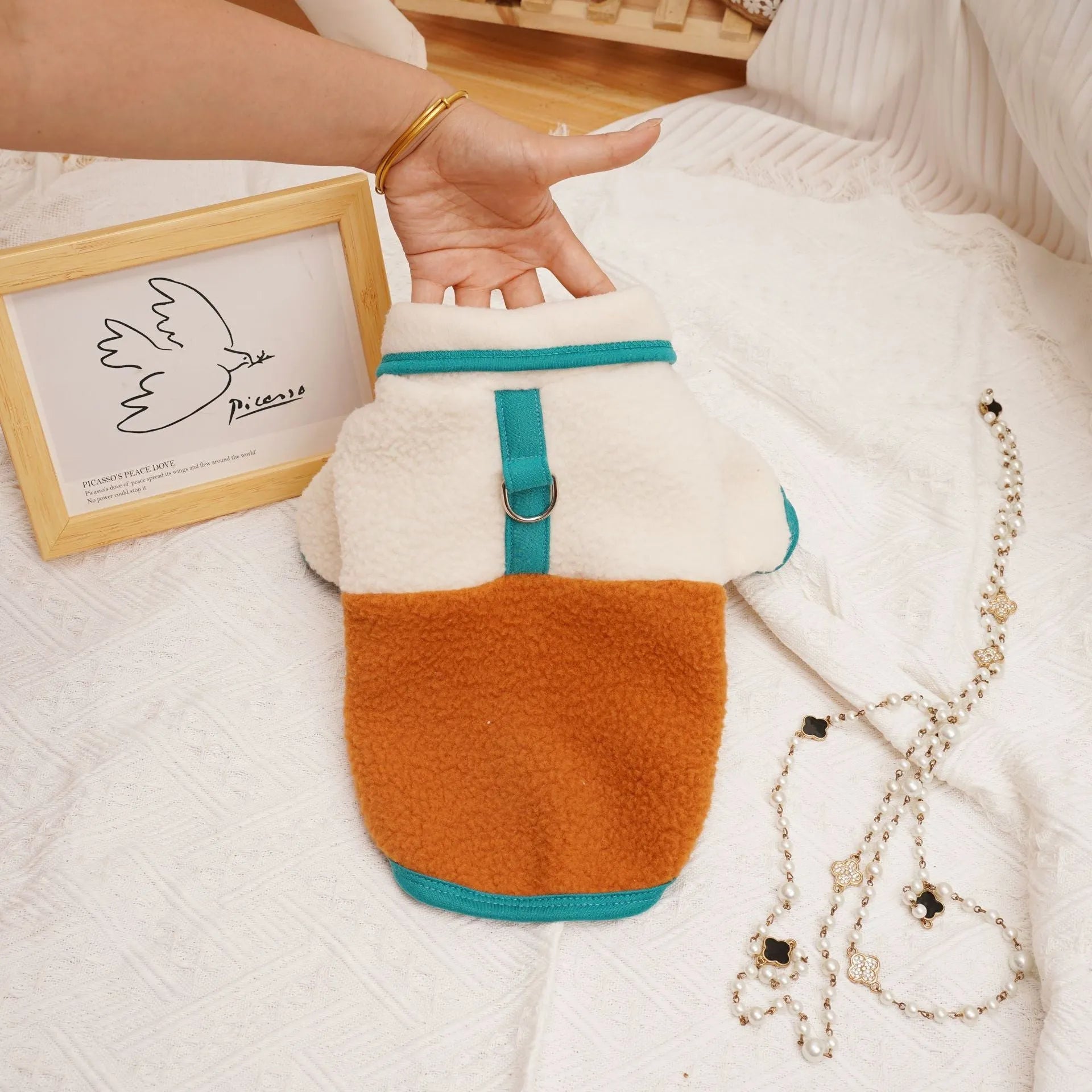 Lambswool pet sweatshirt in caramel colour on a dog, showing casual autumn winter clothing