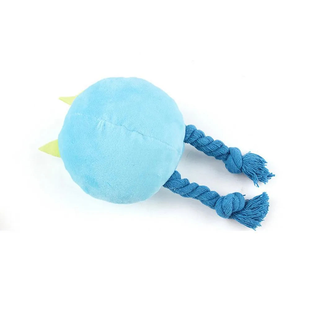 Blue or yellow cotton rope dog squeaky toy with knot design for teething and interactive play