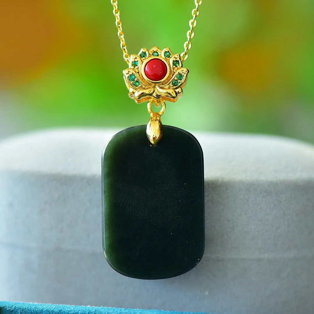 Natural Hetian jade flat pendant with copper inlay, grey jade and ink blue jade jadeware necklace