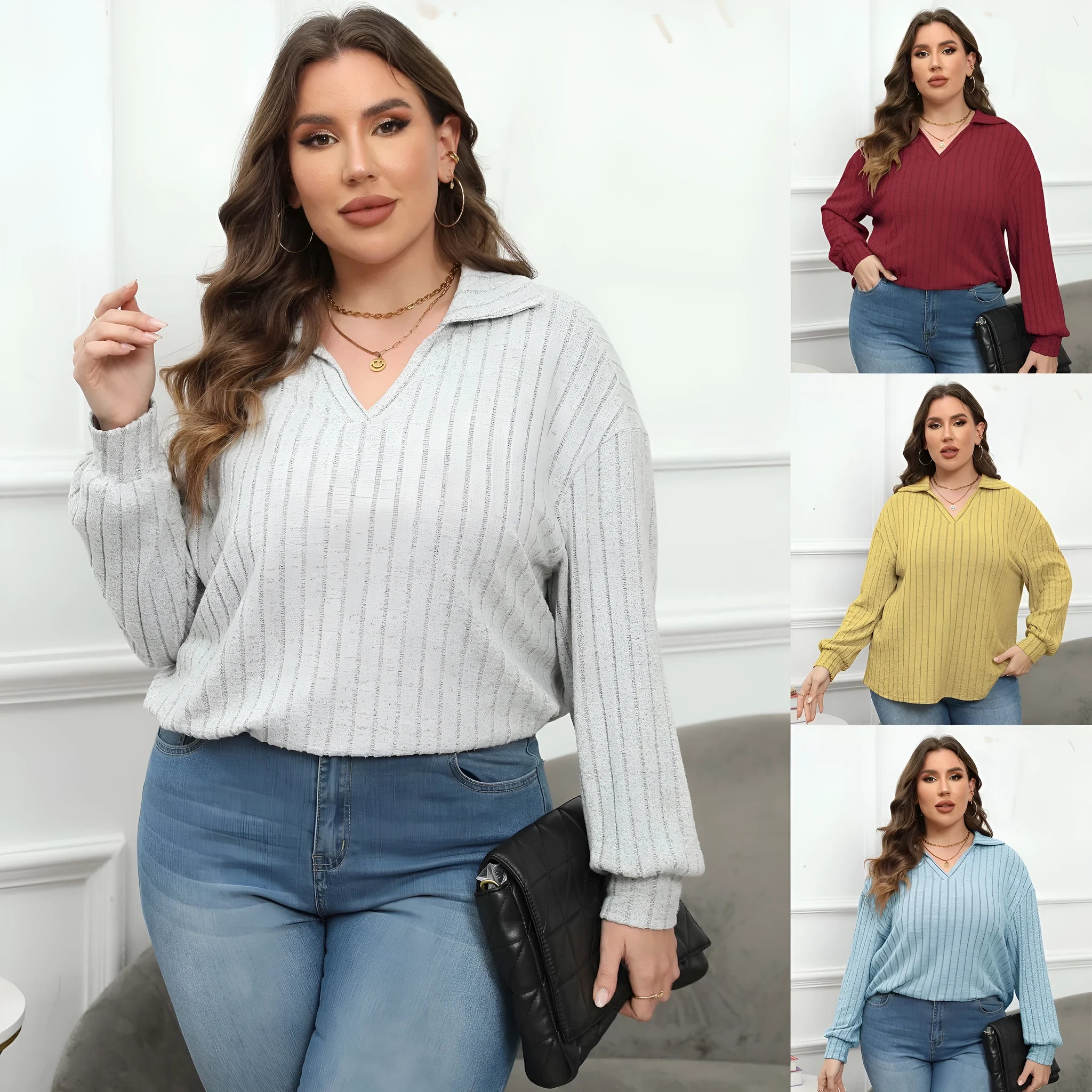 Women's plus size gray Gothic pullover shirt with a polo collar and lantern sleeves.