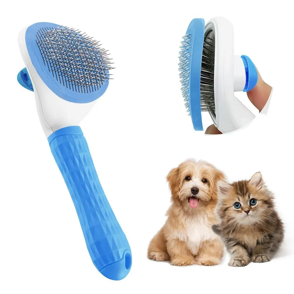 Blue cat grooming brush with release button for removing loose fur from indoor cats