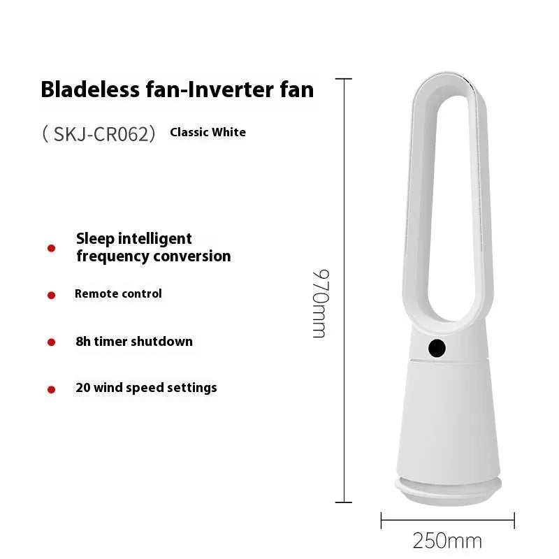 White bladeless tower fan with remote control placed on a desk next to a laptop.