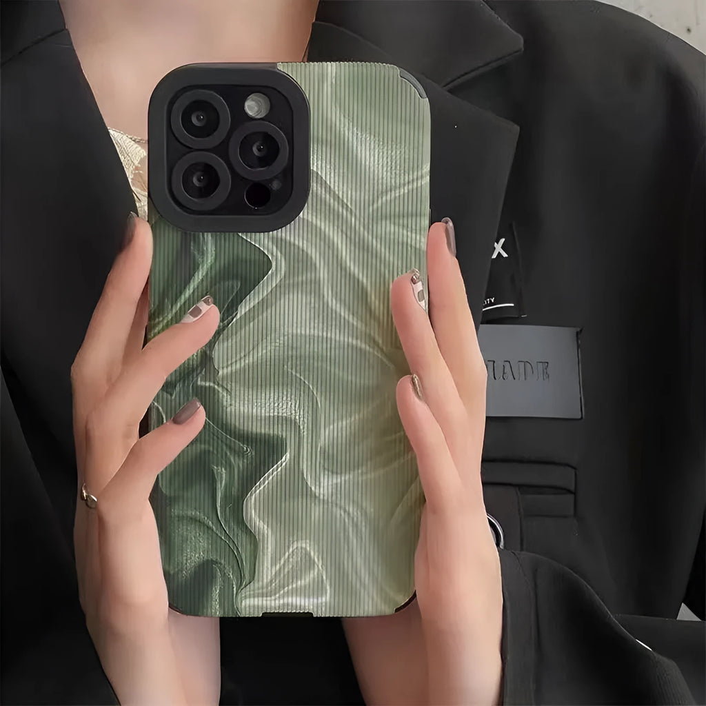 Silicone iPhone case with Chinese-style stripes and geometric patterns on imitation leather