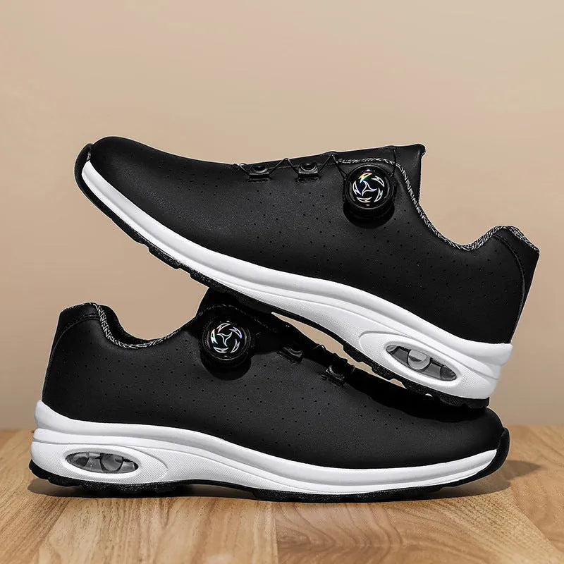 Women's low-top black mesh casual sneakers with white composite sole and lace-up closure.