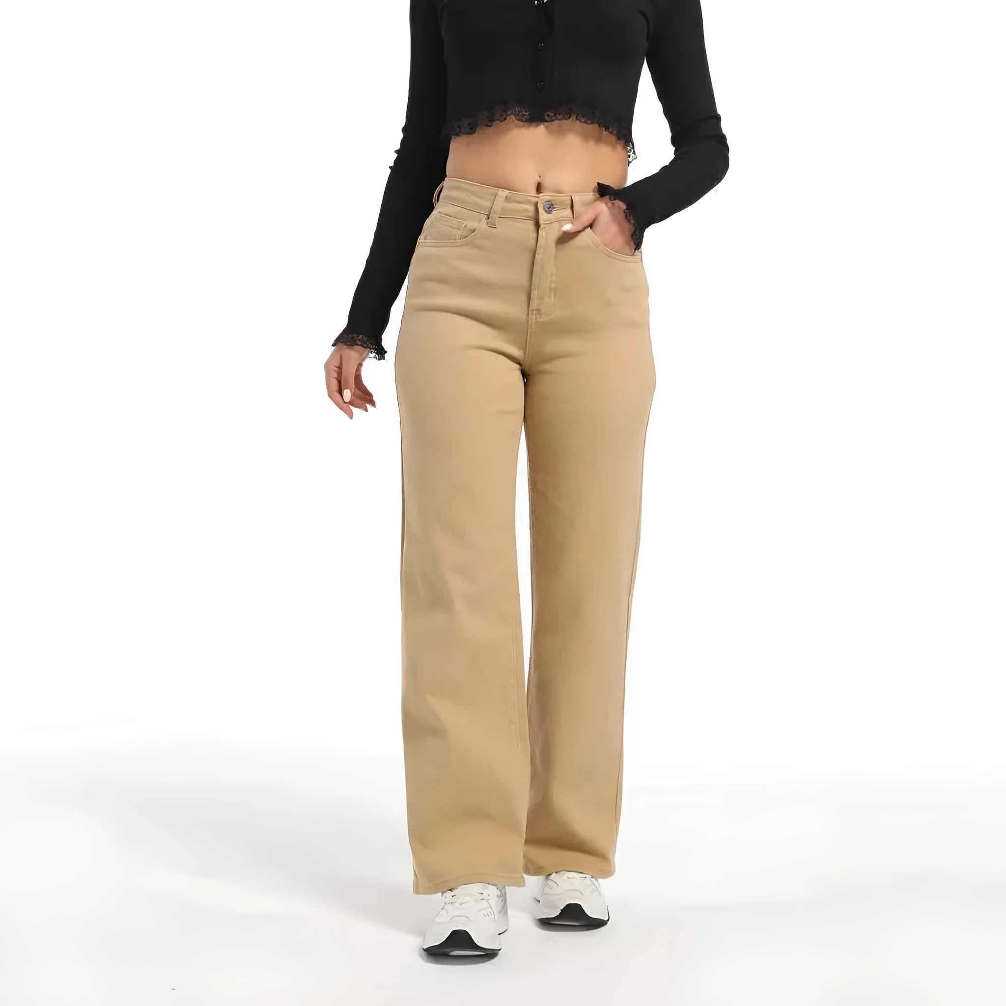 Women's straight leg wide trousers in apricot colour with high waist